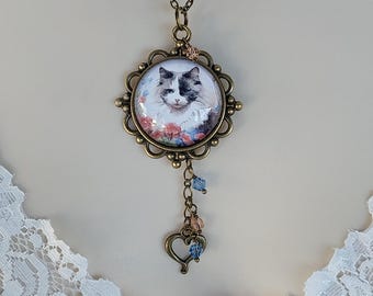 Long Haired Cat Glass Pendant Necklace in Antique Bronze with Glass Crystals and Heart Charm