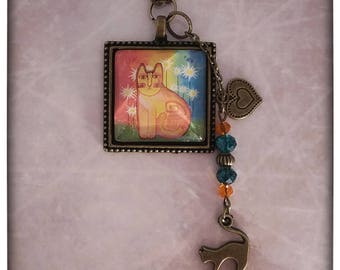 Pretty Cat 1 Inch Square Pendant Necklace with Heart and Cat Charms Cat Lovers