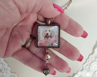 Labradoodle Dog Glass Pendant Necklace in Antique Copper with Pink and Ivory Crystals with Heart Bead Charm