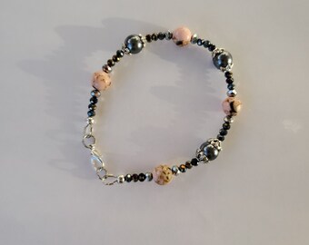 Pink Turquoise with Shell Inlay Beads, Grey Glass Pearls and Chinese Crystals 7 Inch Beaded Bracelet in Silver Tone, Fast Shipping
