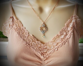 Dainty and Feminine Rose Gold Tone, Aquamarine Color Czech Glass Beads, Swarovski Crystal Pendant Necklace with Free Shipping!