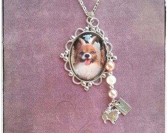 Pomeranian Dog 30x40mm Glass Pendant Necklace with Charms 30" Handmade