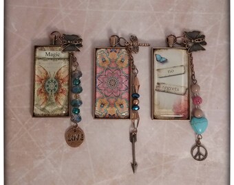 Choice of Bohemian Necklace Antique Copper Butterfly Arrow Peace Charms Glass Beads
