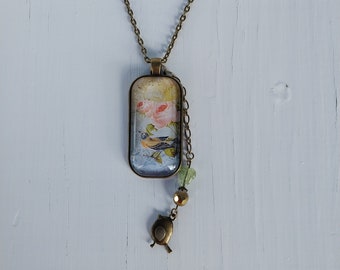 Beautiful Robin and Roses Pendant Necklace with Bird Charm, Antique Bronze, Glass Jewelry, Victorian Style Pendant with Bird