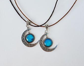 Crescent Moon Planet Necklace in Antique Silver Tone on either Dark OR Light Brown Cotton Cord, Adjustable 16-18 Inches