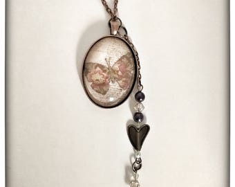 Pretty Antique Copper 30x40 mm Oval Glass Butterfly Pendant with Beads