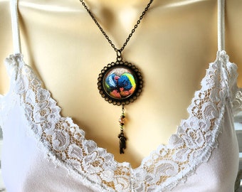Lorikeet Necklace with Parrot Charm and Glass Beads in Antique Bronze Tone, Gift for Her, Parrot Jewelry, Parrot Lover