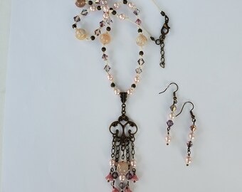 Flower Agate and Bumble Bee Necklace and Earring Set with Czech Glass Flower and Pearl Beads with Matching Earrings