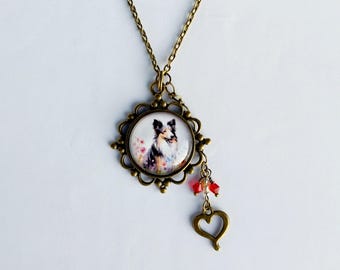 Shetland Sheepdog, Sheltie Glass Pendant Necklace in Antique Bronze with Red Crystals and Heart Charm