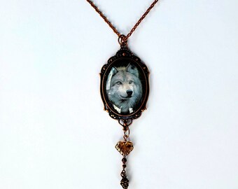 Gorgeous Antique Copper Tone Wolf Glass Pendant Necklace With Charms, Ready To Ship!