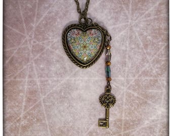 Beautiful 1 Inch Glass HEART Pendant Necklace Antique Bronze with Antique Key Charm and Beads