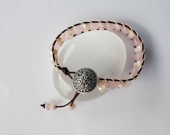Rose Quartz Beaded Leather Bracelet, Gemstone Bracelet Size 7, Ready to ship