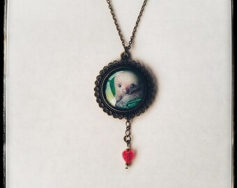 Baby Sloth Glass Pendant Necklace with Acrylic Heart Bead in Antique Bronze Tone