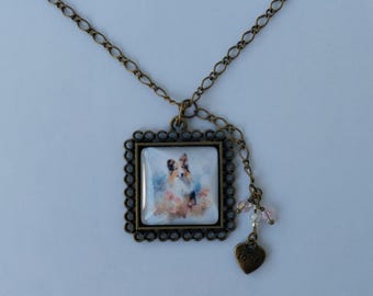 Shetland Sheepdog,  Sable Sheltie Glass Pendant Necklace in Antique Bronze with Pink Crystals and Heart Charm
