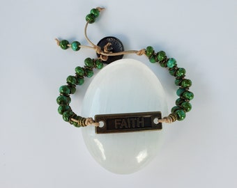 Beaded FAITH Leather Bracelet fits up to 7.25 inches with Fast Shipping! Antique Bronze Tone Leather Bracelet