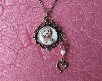 Cockapoo Dog Glass Pendant Necklace in Antique Bronze with Sparkling Pink Glass Crystals, Shell Pearl and Heart Charm