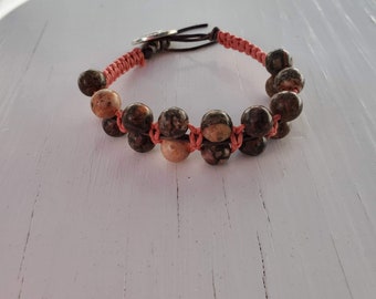 Leopardskin Jasper Leather Macrame Handmade Pink Bracelet