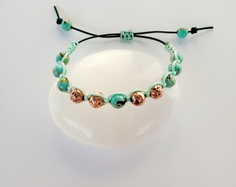 Green Turquoise and Shell Leather Bracelet With Rose Gold Plated Lava Beads ~ Adjustable and Ready to Ship!