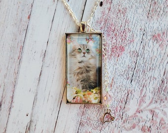 Maine Coon Long Hair Kitten 1x2 Inch Glass Pendant Necklace Heart Charm and Faceted Glass Beads, Silver Tone, Choose Your Own Chain Length