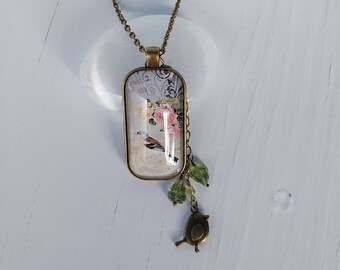 Beautiful Bird Sparrow and Roses Pendant Necklace with Bird Charm, Antique Bronze, Glass Jewelry, Victorian Style Pendant with Bird