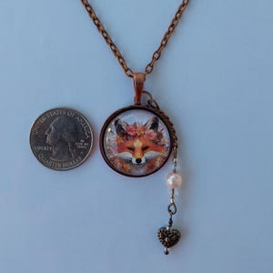 Boho Floral Fox Necklace with Heart Charm in Antique Copper, Fox Lover Gift, Animal Jewelry
