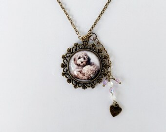 Cockapoo Dog Glass Pendant Necklace in Antique Bronze with Lavender and White Crystals with Heart Charm that says LOVE