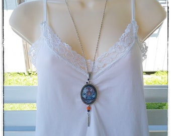 Gorgeous Antique Silver Glass Pendant Necklace for Tiger Lovers Gift for Her Big Cat Siberian