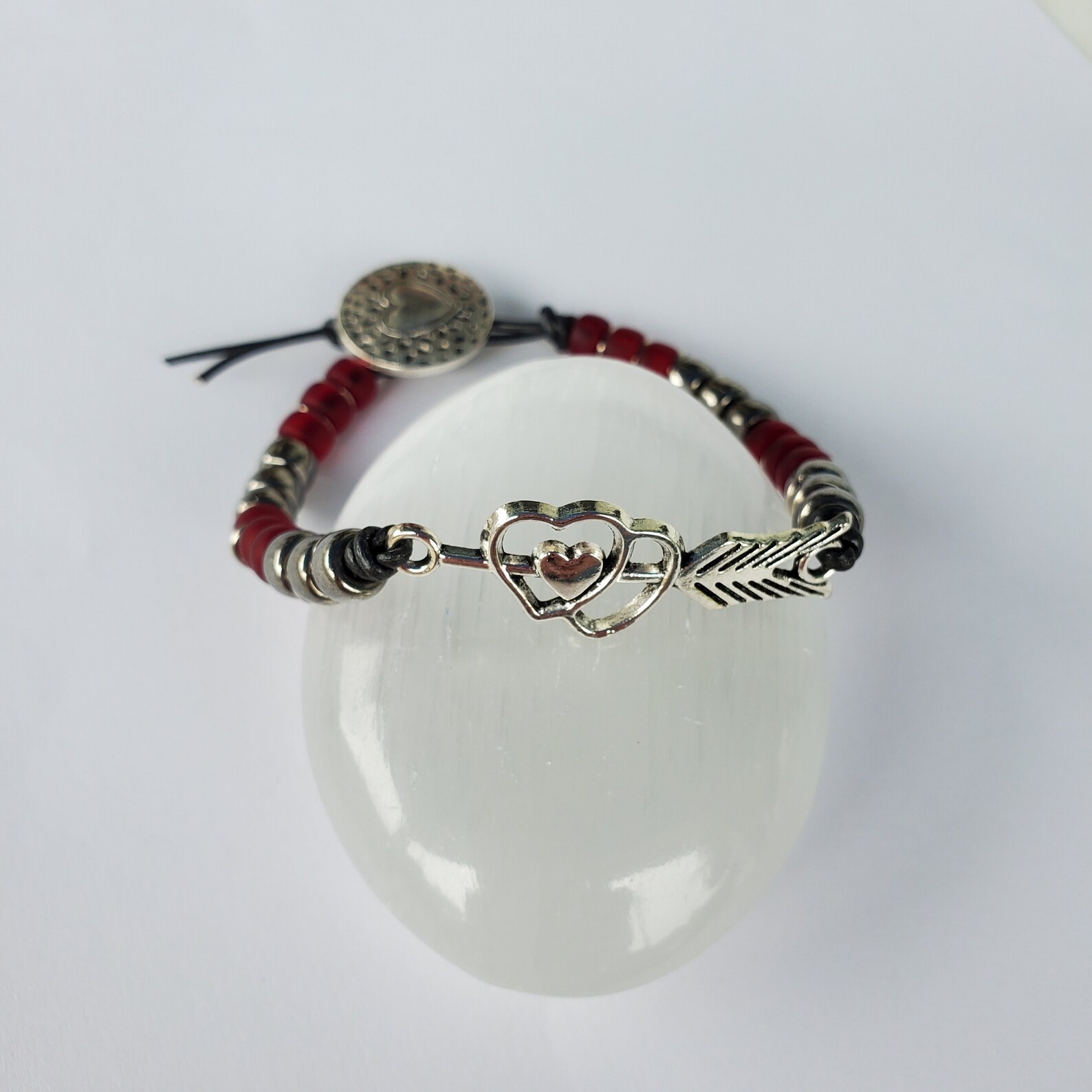 Beaded Double Heart With Arrow Leather Bracelet Fits up to Etsy