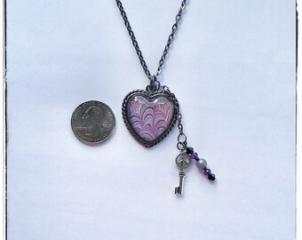 Purple Heart Glass Pendant Necklace Gunmetal Tone with Antique Peace Key Charm and Glass Beads