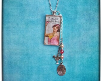 SASSY 1x2 Inch Glass Pendant Necklace Silver Tone Alcohol Necklace Dance Mature Jewelry Vodka Lover Cocktail Charm Vintage Women Fun Jewelry