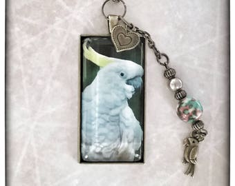Sulphur Crested Cockatoo 1x2 Inch Glass Pendant Necklace in Antique Bronze 24" Cockatoo Parrot Lover