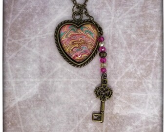 Beautiful 1 Inch Glass HEART Pendant Necklace Antique Bronze with Antique Key Charm and Beads