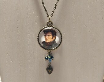 Elvis Handmade Glass Pendant Necklace in Antique Bronze with Heart Charm and Sparkling Glass Beads