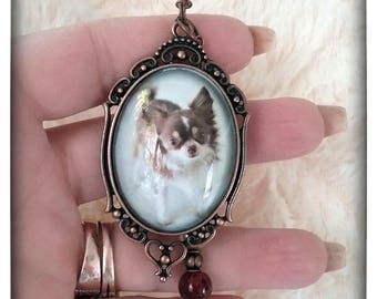 Gorgeous Antique Copper Chihuahua Glass Pendant Necklace 24 Inch Glass Beads and Pearl