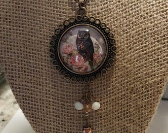 Victorian Style Owl Glass Pendant Necklace, Pink Flowers, Sparkling Glass Crystals and a Czech Glass Rose Gold Tone Heart Bead