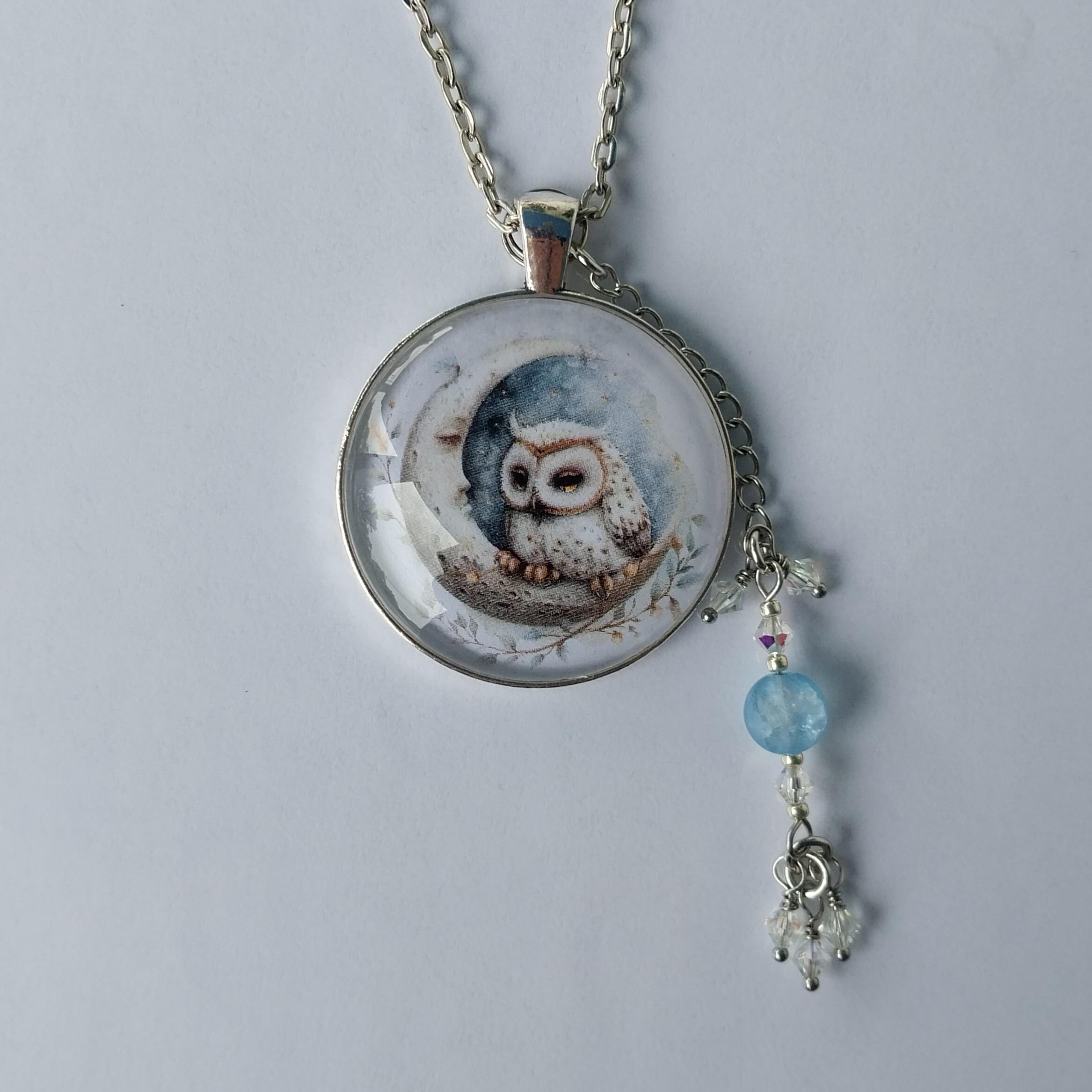 Sleepy Owl on Crescent Moon Glass Pendant Necklace in Silver Tone with Glass Beads