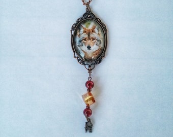 Wolf Glass Pendant Necklace with LOVE Charm and Glass Beads