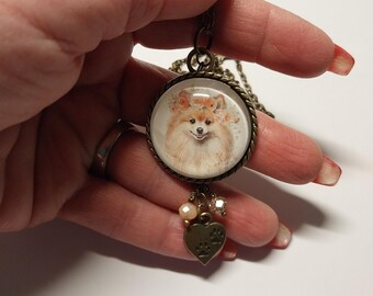 Pomeranian Dog Glass Pendant Necklace in Antique Bronze with Glass Beads and Heart Charm with Footprints
