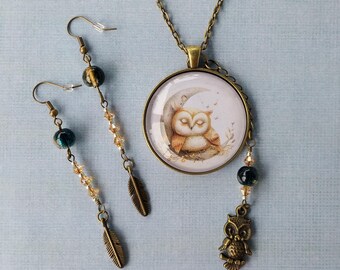 Sleeping Owl on Crescent Moon Glass Pendant Necklace with Glass Beads and Matching Earrings Set