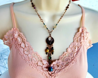 Antique Copper Tone Electroplated Quartz Crystal With Glass Beads and Feather Charms