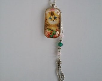 Long Hair Kitten 1x2 Inch Glass Pendant Necklace with Cat Charm and Faceted Glass Beads, Silver Tone, Choose Your Own Chain Length