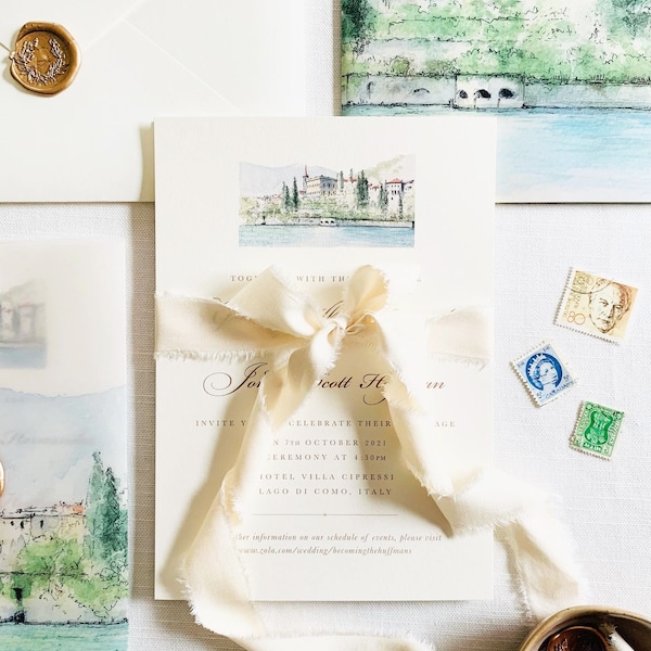 Italian Watercolour Venue Wedding Stationery Suite (Villa Cipressi Lake Como sample pack)