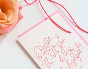 Bestie Bridesmaid neon pink letterpress card (174)