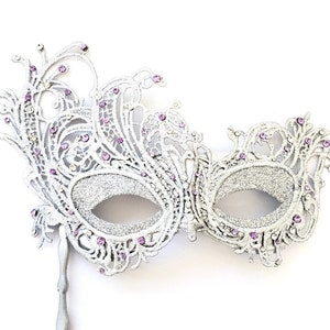 Silver masquerade masks, Luxury stick masquerade mask woman, handheld stick mask masquerade ball