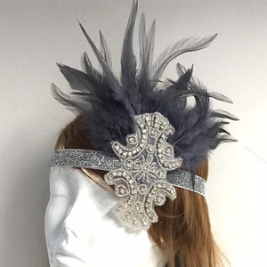 Silver Flapper Headpiece women Roaring 20's Headpiece Silver Headband With Feathers For Elegant Events image 1