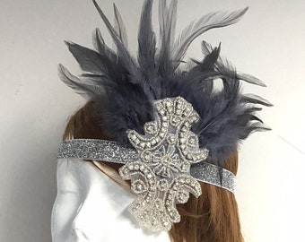Silver Flapper Headpiece women | Roaring 20's Headpiece | Silver Headband With Feathers For Elegant Events