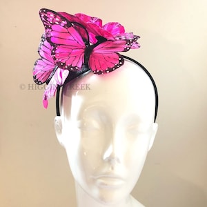 Hot Pink butterfly headpiece, pink monarch butterfly theme, pink  Derby fascinator Hat, black and pink monarch headpiece
