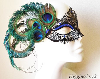 Feather Masquerade Mask Women Peacock Masquerade Ball blue green Feathers Rhinestones