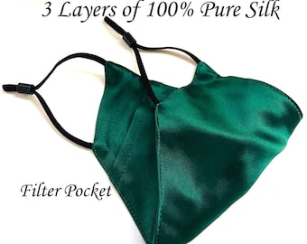 Emerald Green SILK mask 3 Layer All SILK Layer Face Mask Natural Mulberry luxury Mask women fabric face mask cover Skin color Mask