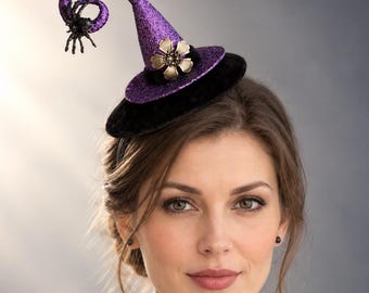 Purple Spellbound Witch Hat Fascinator, Halloween Mini Witch Hat